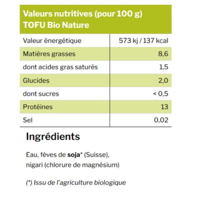 swissoja-tofu-bio-rse-transparence-produits tableau nutritionnel tofu nature swissoja