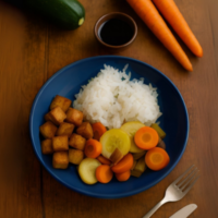 Tofu fumé laqué et légumes rôtis